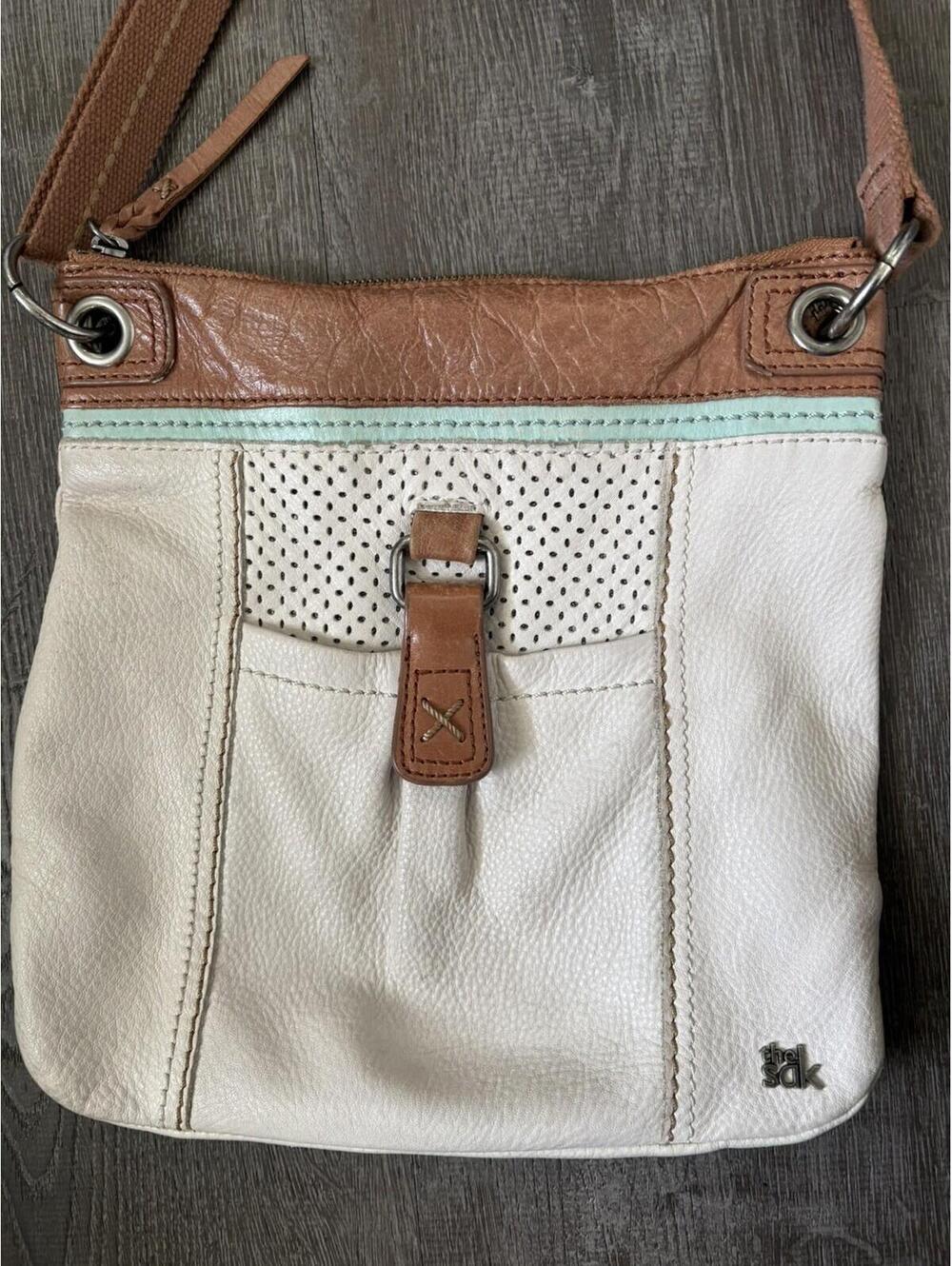 The Sak Vintage “Kendra” Tan Taupe Brown Trim Leather Crossbody Purse Bag Boho - Picture 3 of 9